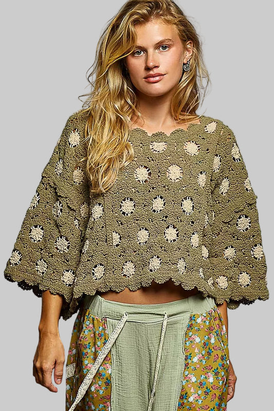 Brianna Olive Boho Crochet Knit Top