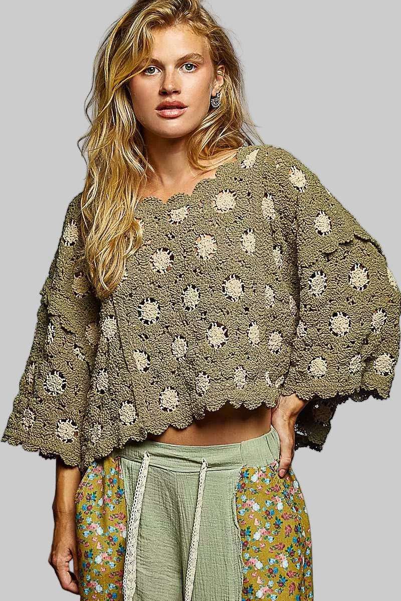 Brianna Olive Boho Crochet Knit Top