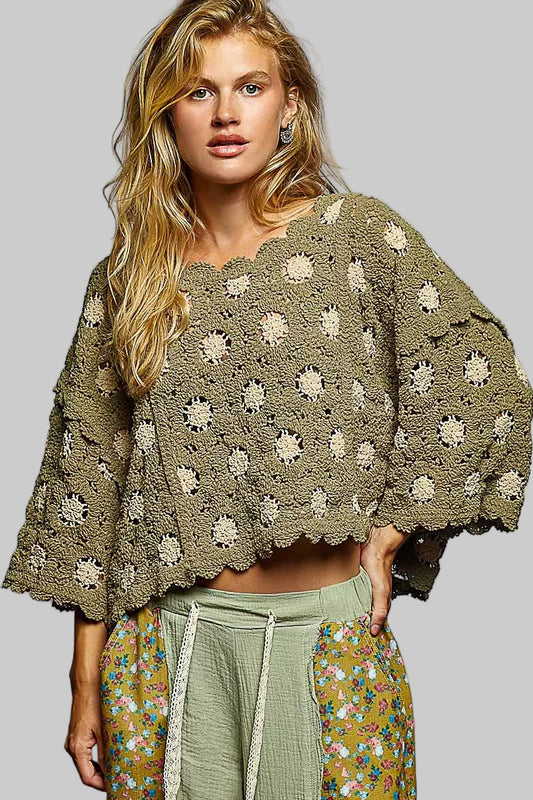 Brianna Olive Boho Crochet Knit Top