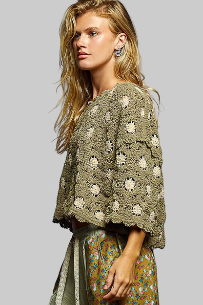 Brianna Olive Boho Crochet Knit Top