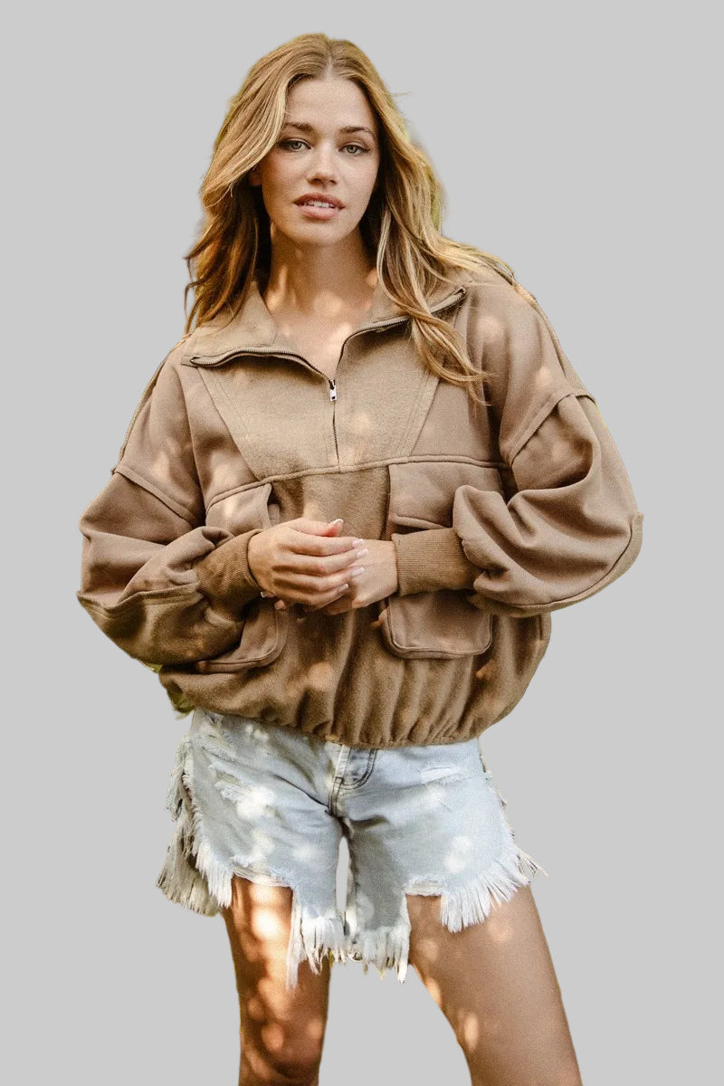 Britney Boho Half Zip Vintage Washed Fleece Pullover 