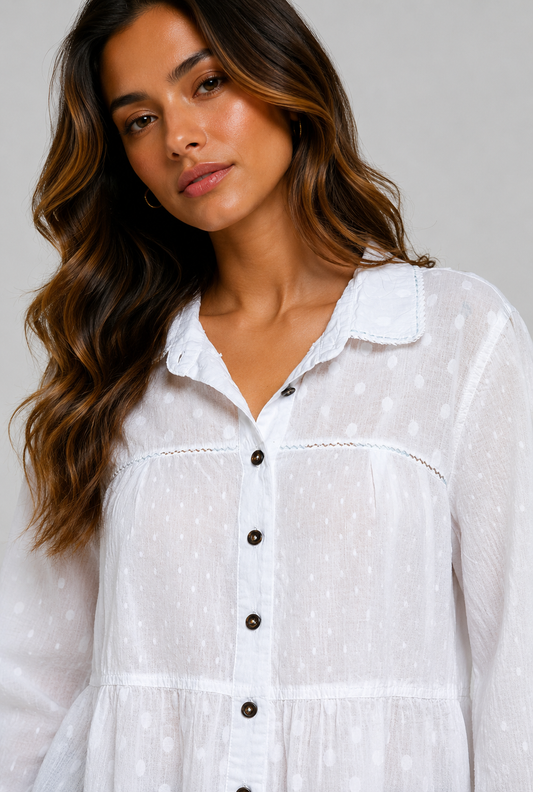 Brylee Dot Weave Button Front Blouse