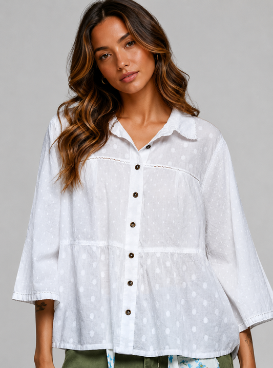 Brylee Dot Weave Button Front Blouse