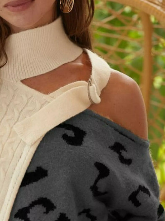 Cable Knit Color Block One Shoulder Asymmetrical Sweater