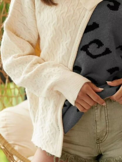 Cable Knit Color Block One Shoulder Asymmetrical Sweater