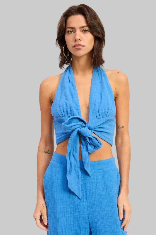 Callie Double Gauze Halter Neck Crop Top