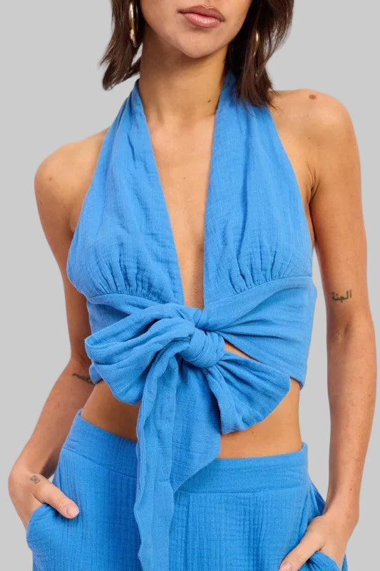 Callie Double Gauze Halter Neck Crop Top