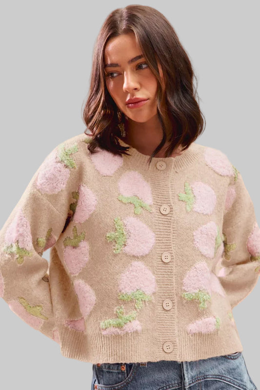 Candace Boho Strawberry Button Sweater Cardigan