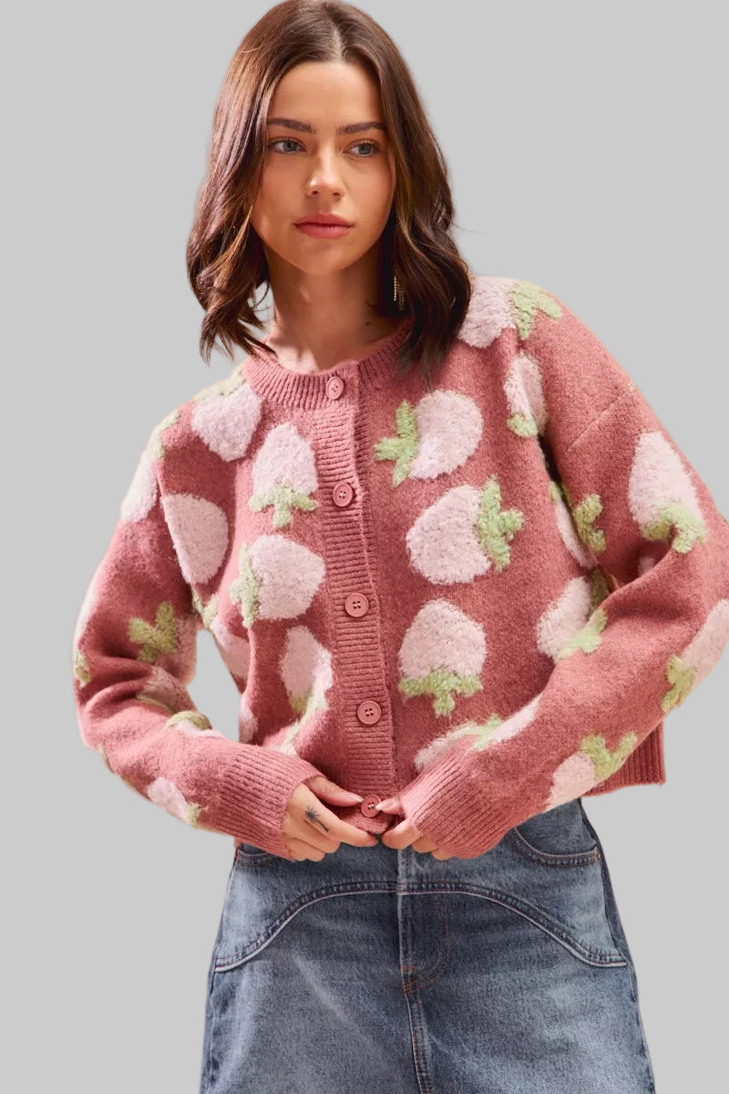 Candace Dark Strawberry Button Sweater Cardigan