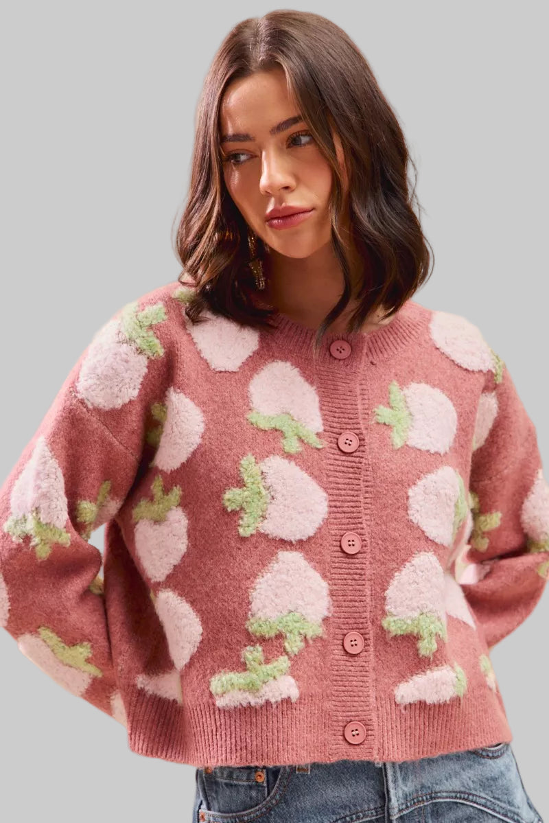 Candace Dark Strawberry Button Sweater Cardigan