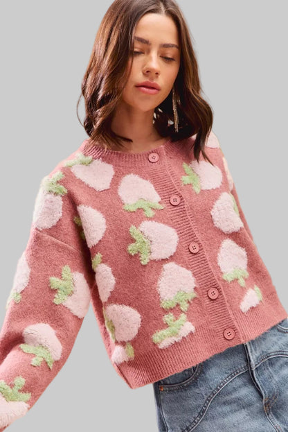 Candace Dark Strawberry Button Sweater Cardigan