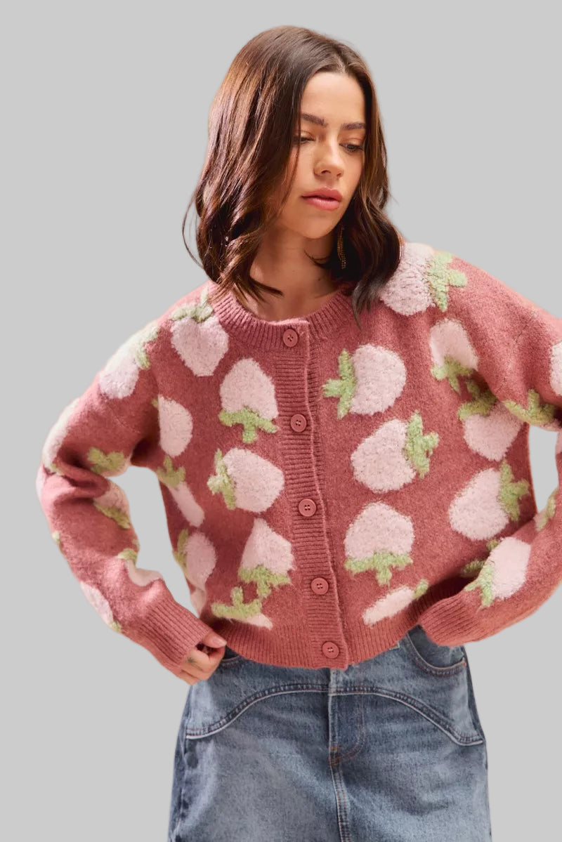 Candace Dark Strawberry Button Sweater Cardigan
