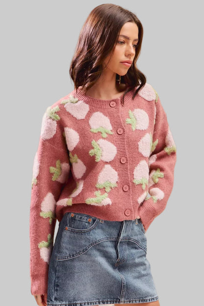 Candace Dark Strawberry Button Sweater Cardigan