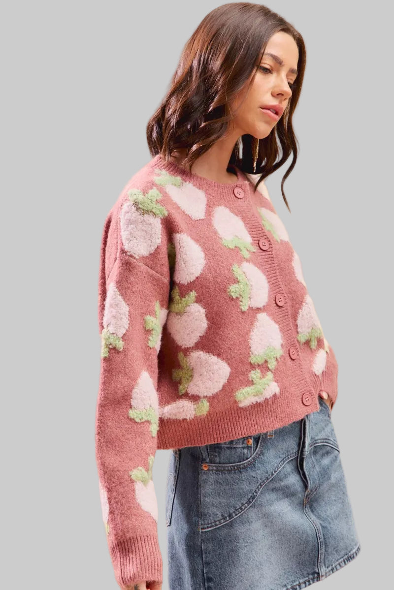 Candace Dark Strawberry Button Sweater Cardigan