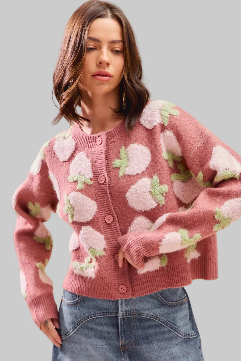 Candace Dark Strawberry Button Sweater Cardigan