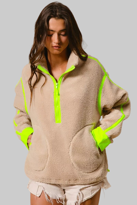 Cara Oatmeal Highlight Half Zip Up Sherpa Jacket
