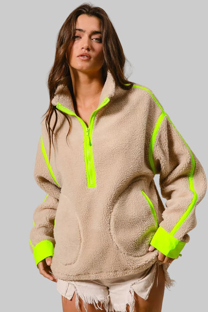 Cara Oatmeal Highlight Half Zip Up Sherpa Jacket