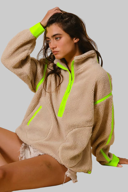 Cara Oatmeal Highlight Half Zip Up Sherpa Jacket