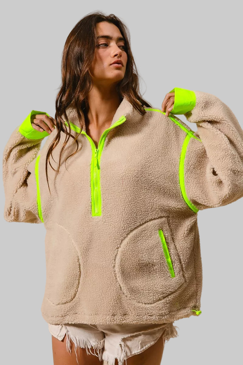 Cara Oatmeal Highlight Half Zip Up Sherpa Jacket