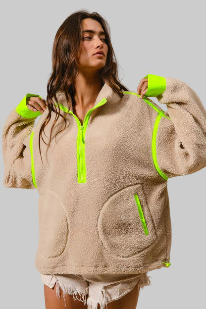 Cara Oatmeal Highlight Half Zip Up Sherpa Jacket