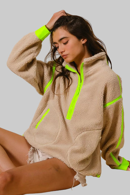 Cara Oatmeal Highlight Half Zip Up Sherpa Jacket