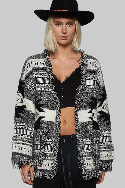 Carly Aztec Boho Western Print Cardigan with Fringe
