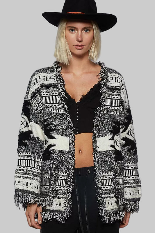 Carly Aztec Boho Western Print Cardigan with Fringe