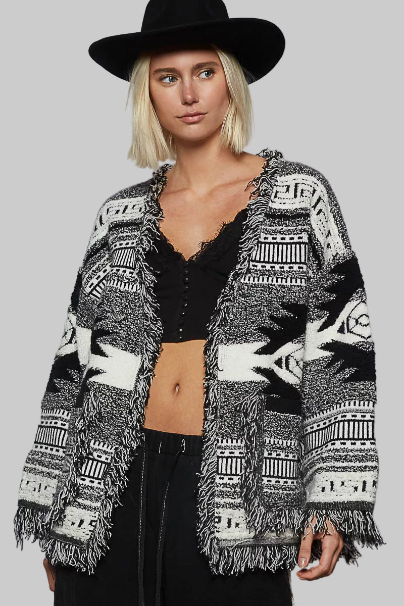 Carly Aztec Boho Western Print Cardigan with Fringe