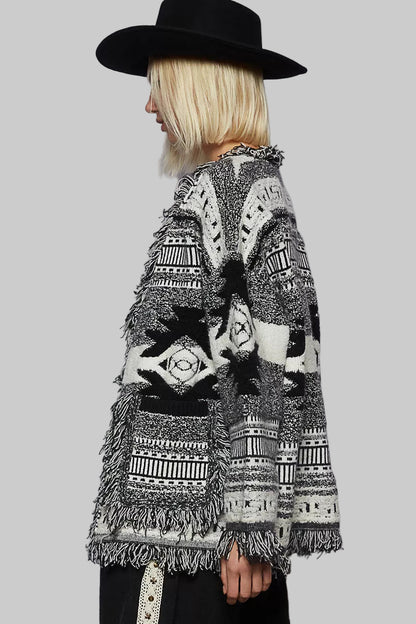 Carly Aztec Boho Western Print Cardigan with Fringe