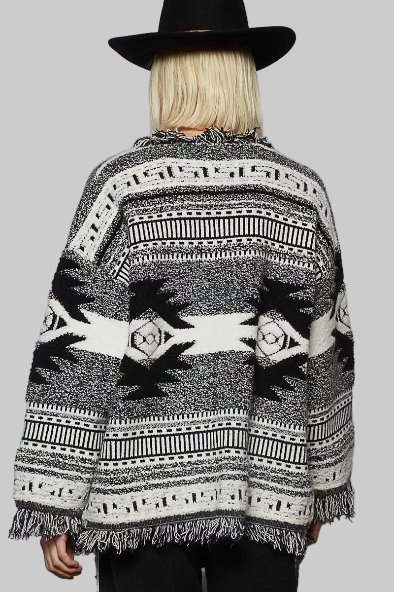 Carly Aztec Boho Western Print Cardigan with Fringe