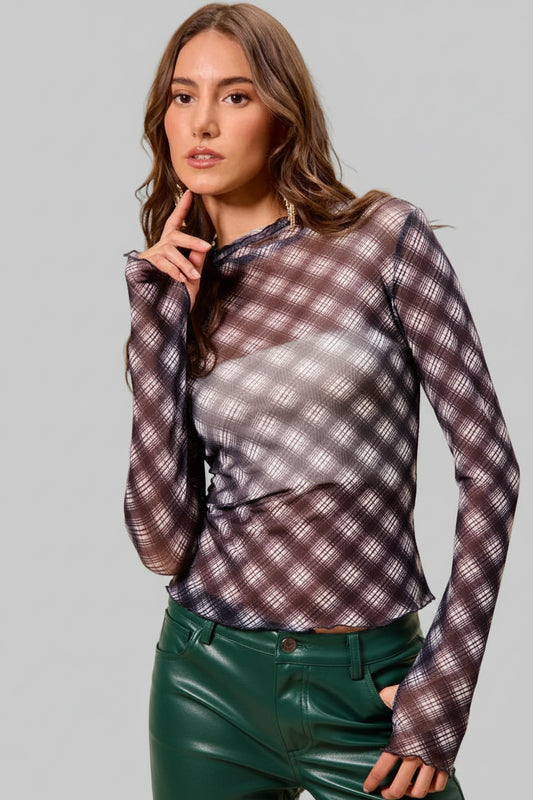 Cassidy Black Plaid Mesh Knit Long Sleeve Top