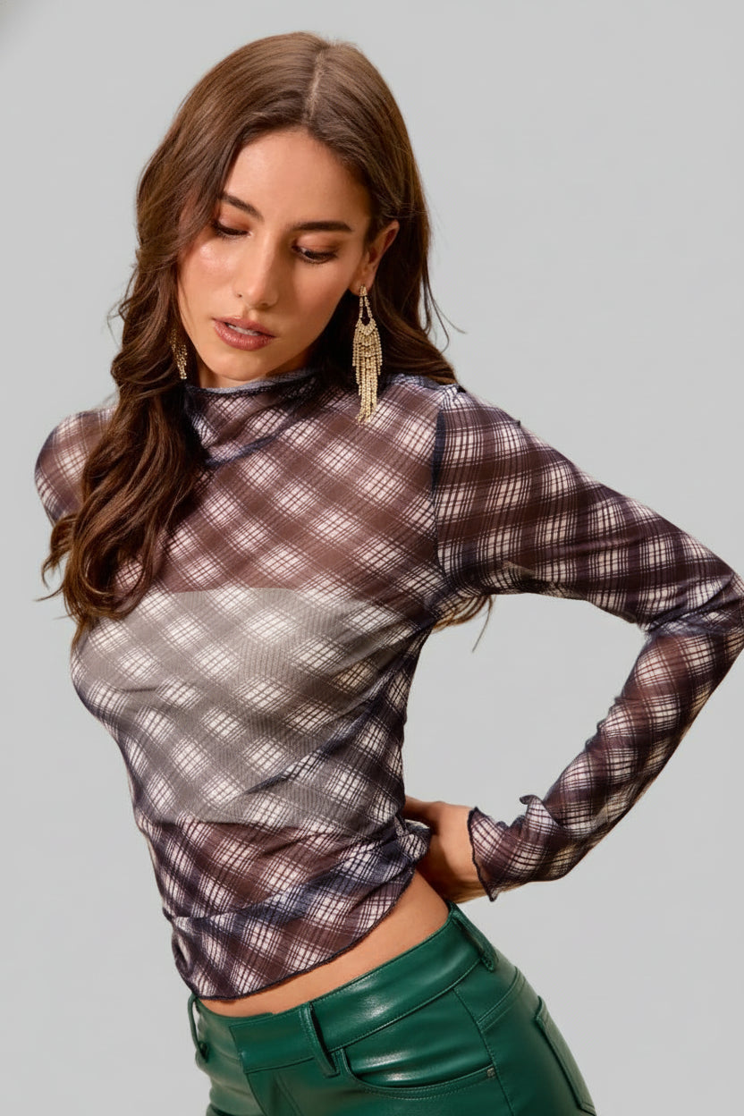 Cassidy Black Plaid Mesh Knit Long Sleeve Top