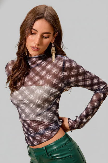 Cassidy Black Plaid Mesh Knit Long Sleeve Top