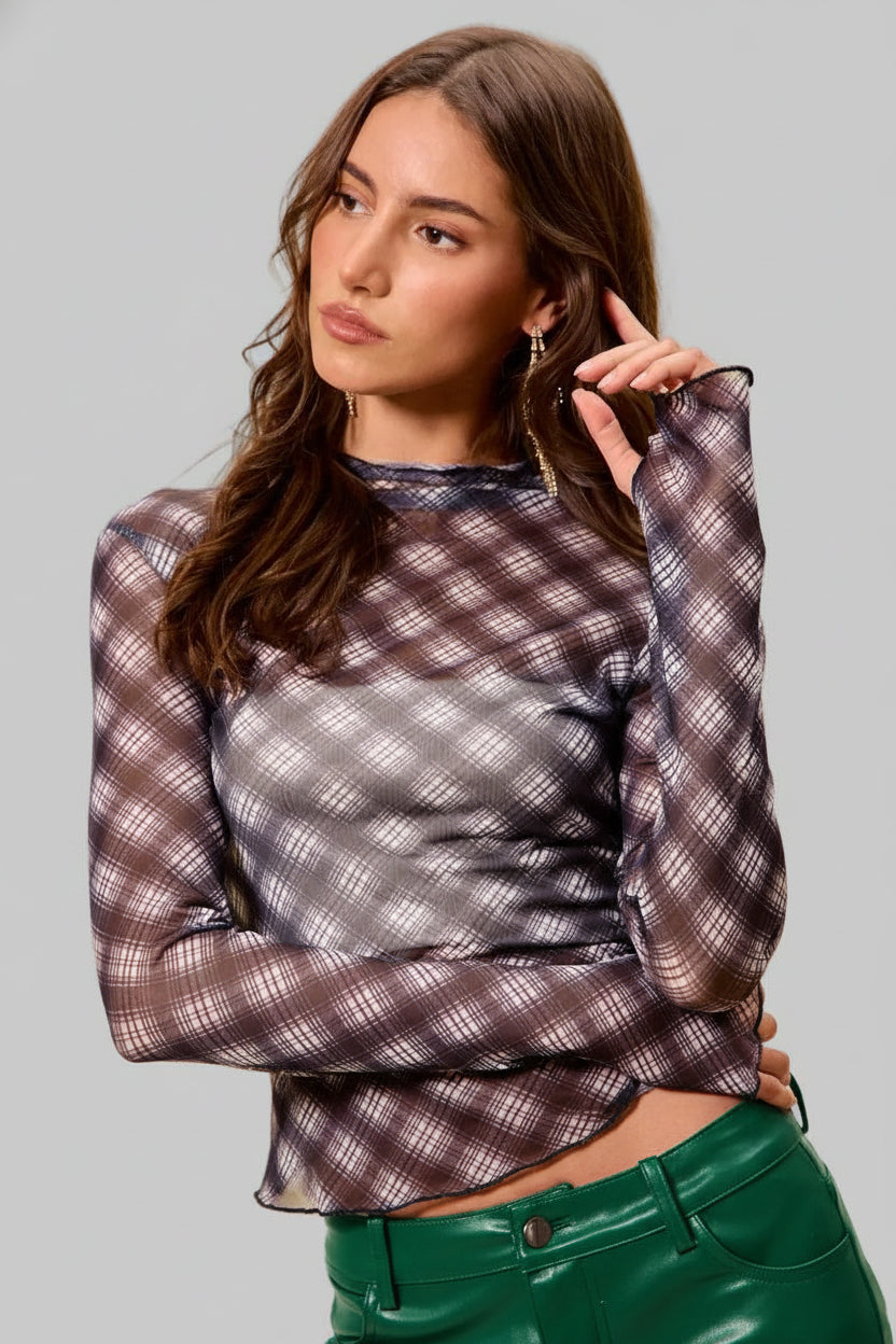 Cassidy Black Plaid Mesh Knit Long Sleeve Top
