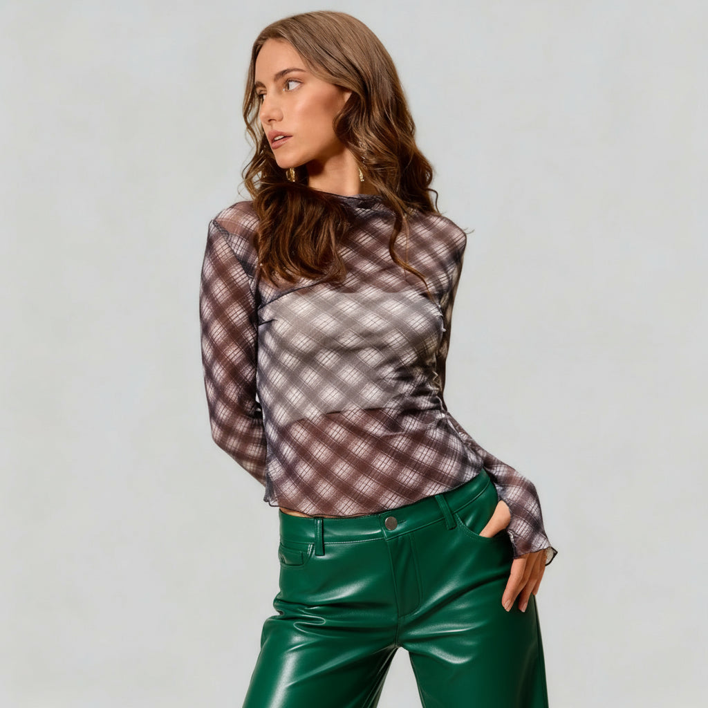 Cassidy Black Plaid Mesh Knit Long Sleeve Top