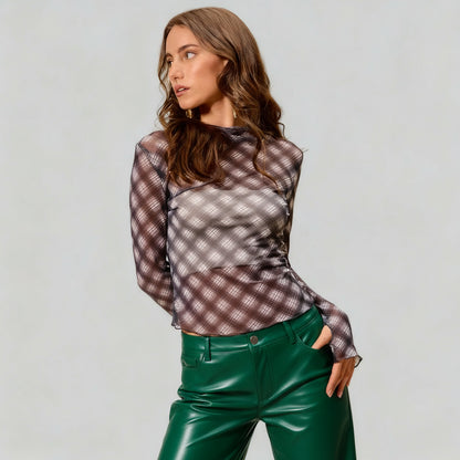 Cassidy Black Plaid Mesh Knit Long Sleeve Top
