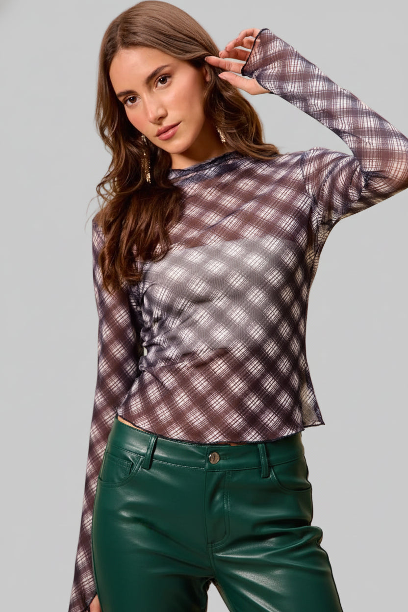 Cassidy Black Plaid Mesh Knit Long Sleeve Top