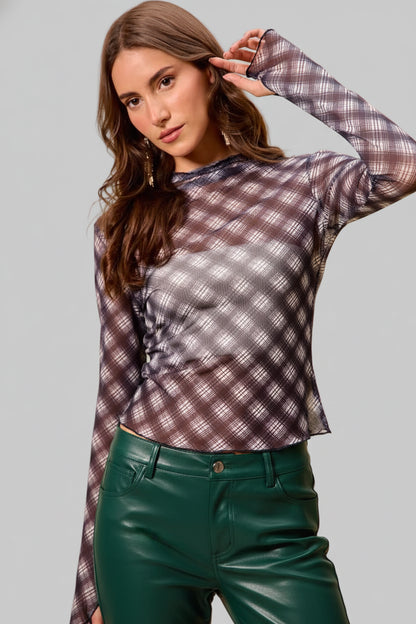 Cassidy Black Plaid Mesh Knit Long Sleeve Top