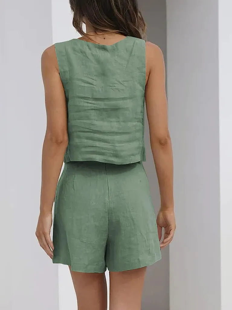 SALE Casual Cotton Sleeveless Square Neck Top + Shorts Two-Piece Set