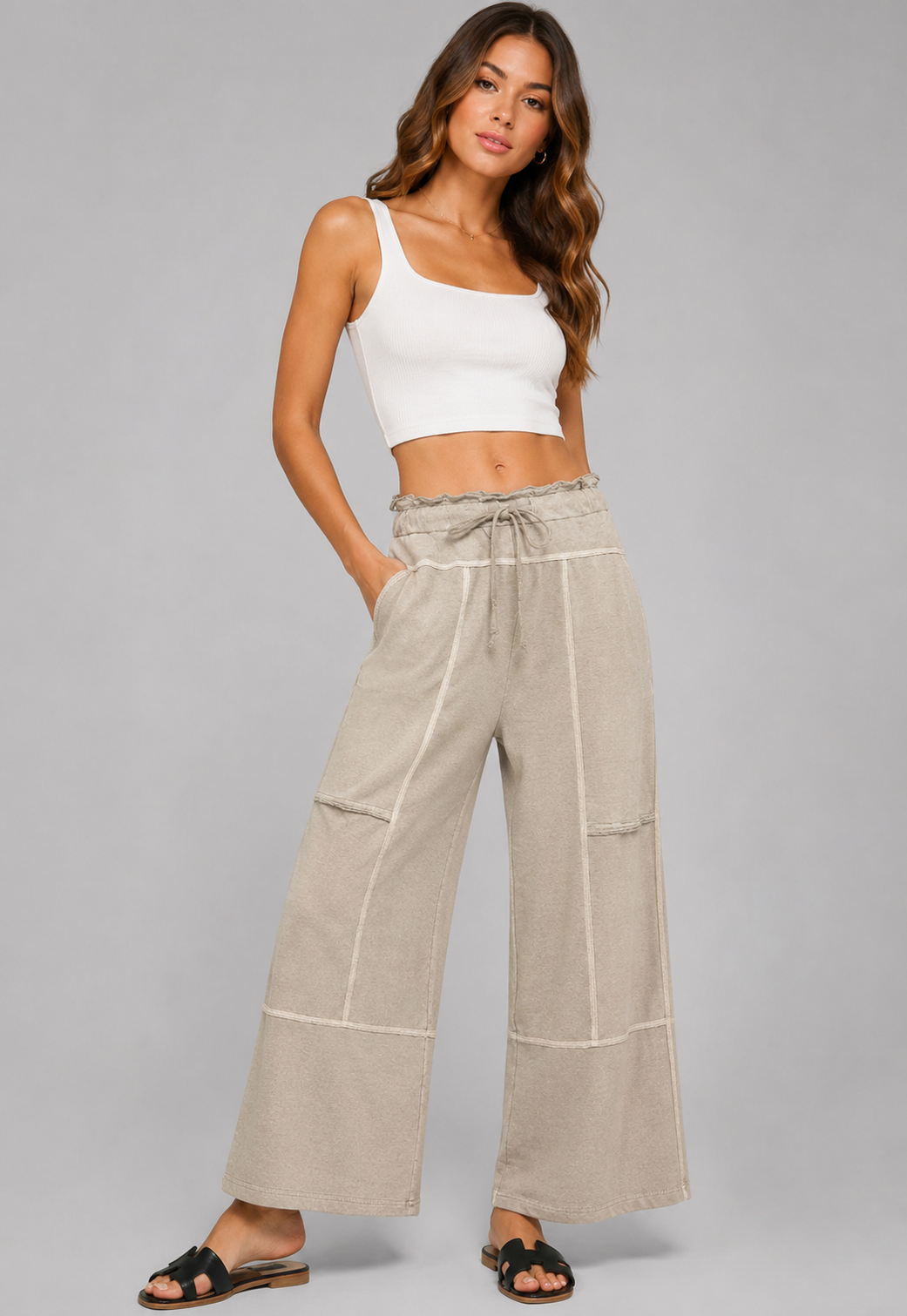 Cecelia Terry Washed Wide Leg Pants - Mocha