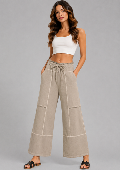 Cecelia Terry Washed Wide Leg Pants - Mocha
