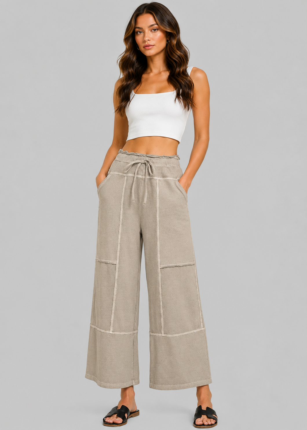 Cecelia Terry Washed Wide Leg Pants - Mocha
