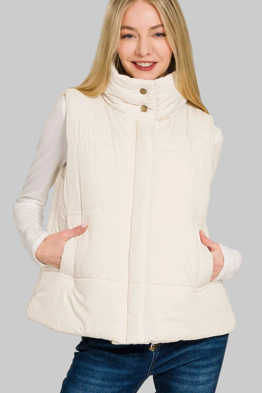 Charlie Boho Winter White High Neck Zip-Up Vest 