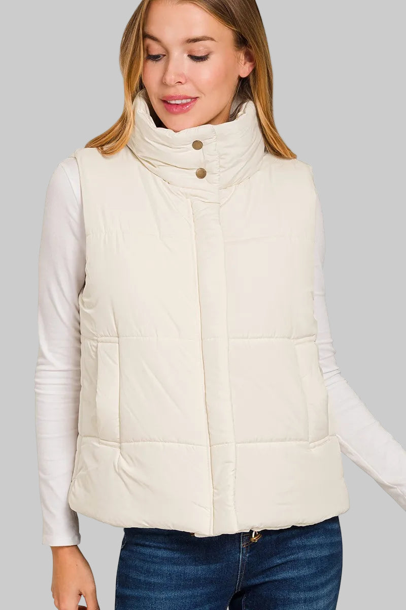 Charlie Boho Winter White High Neck Zip-Up Vest 