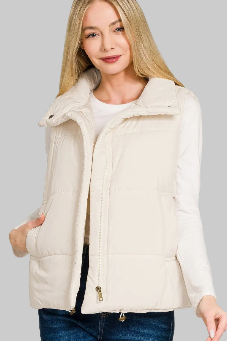 Charlie Boho Winter White High Neck Zip-Up Vest 