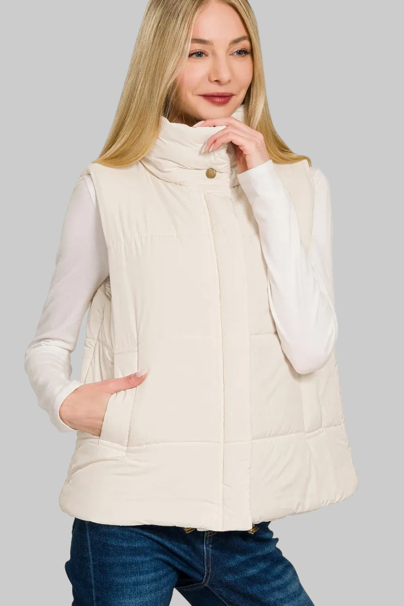 Charlie Boho Winter White High Neck Zip-Up Vest 