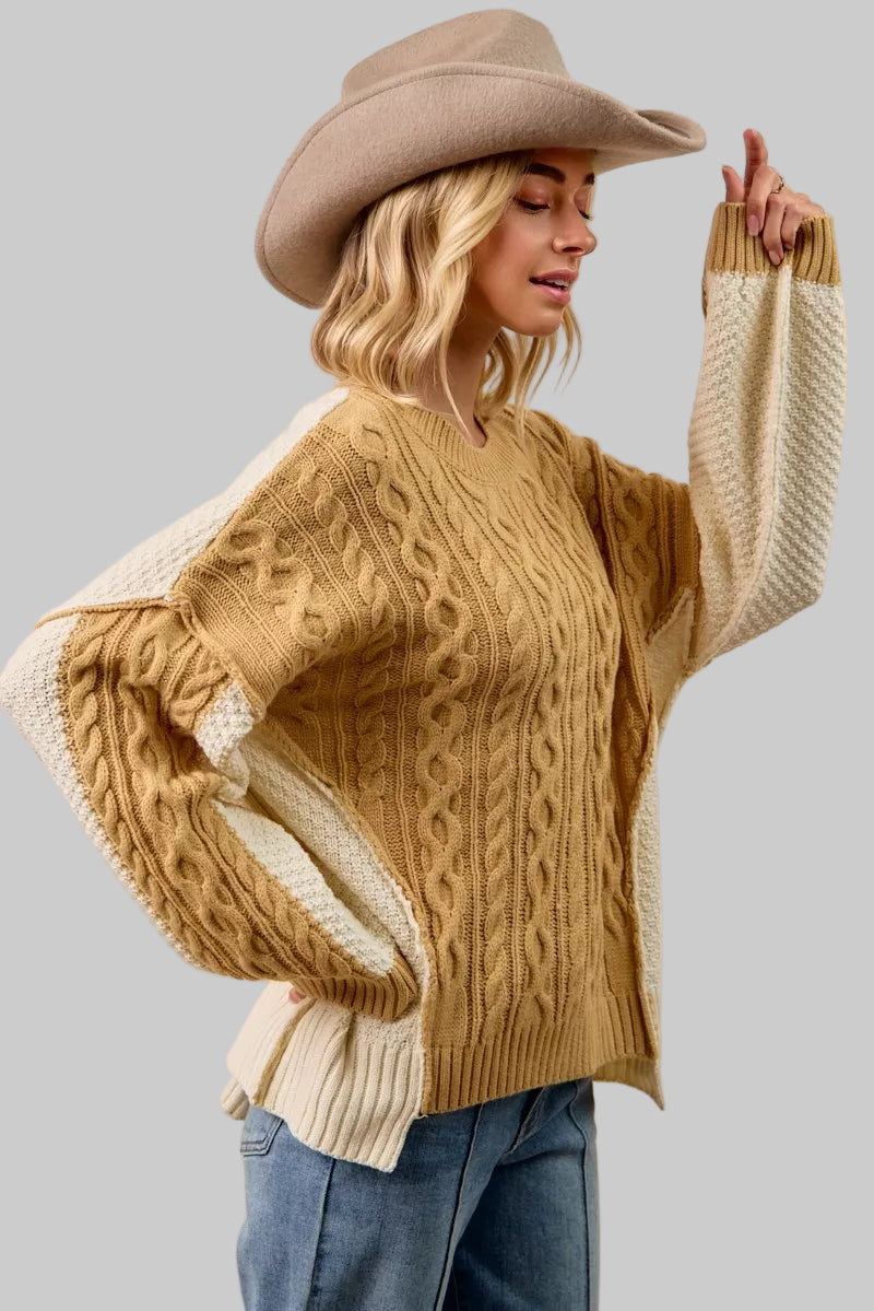 Charlotte Boho Cable Knit Color Block Sweater