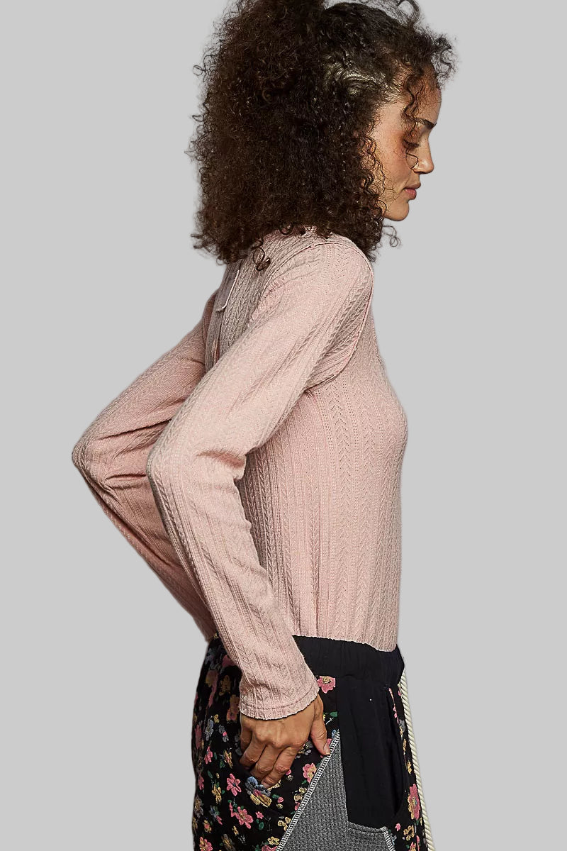 Boho Pink Square Neck Cropped Knit Top with Curved Hem