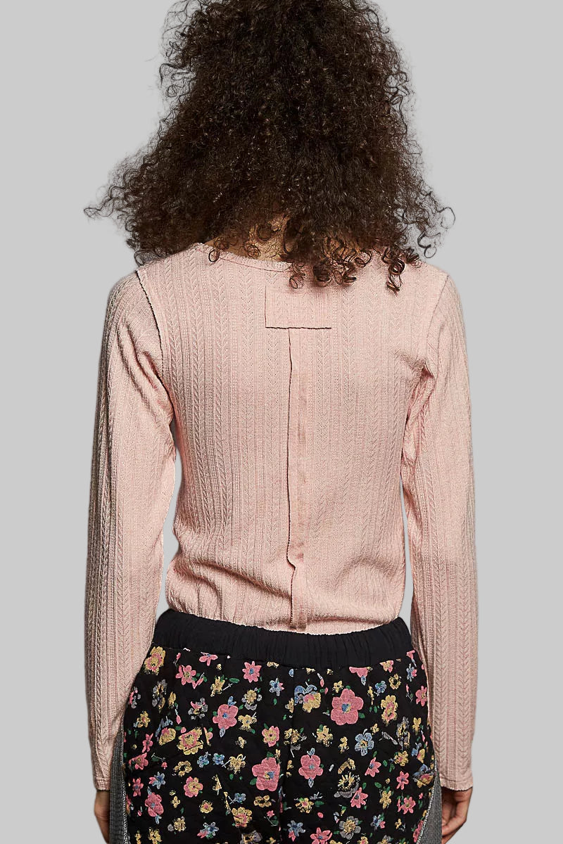 Boho Pink Square Neck Cropped Knit Top with Curved Hem