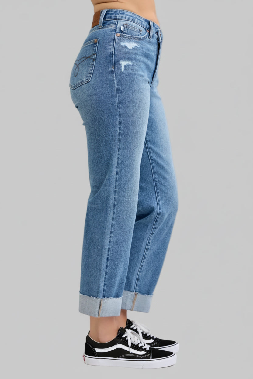 High Waist Boyfriend Criss Cross Mild Destroy Jeans with Single Cuff